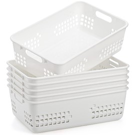 Jucoan 6 Pack White Plastic Storage Baskets, 12 X 7.5 X 4 Inch Large Plastic Storage Organizer Tray Bin with Handles for Classroom, Drawer, Closet, Bathroom Kitchen