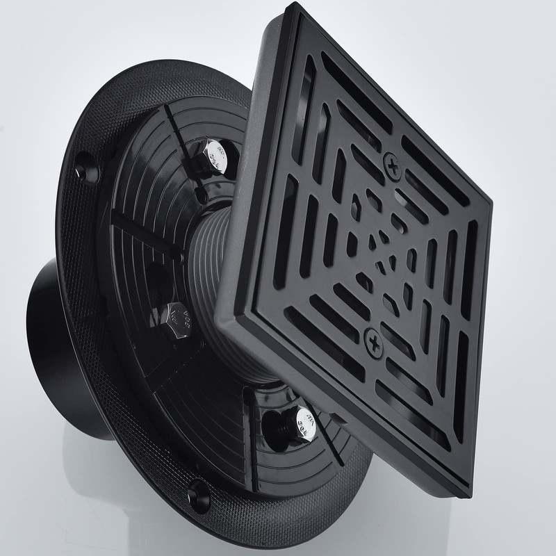 RANDOM 4 Inch Black Shower Drain Square with Adjustable PVC