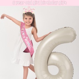 Exacoo 6 Year Old Girl Birthday Gift 6th Birthday Decorations Dress for Girls Crown Headband with 'It's My 6th Birthday' Princess Sash Photo Prop Ice Cream Pastel Party Favor