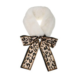 sourcing map Leopard Ribbons Faux Fur Winter Wrap Collar Scarf Plush Neck Scarves Warmer For Women White