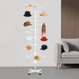 7-Tier Rotating Hat Display Rack, 35 Hooks Adjustable Metal Freestanding Hat Rack Stand Hat Holders Hat Display with Wheels, Hat Hanger Display Tower for Wig, Cap, Baseball Hat(7-Tier, White)