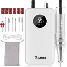 Enniewi Nail Drill Professional 35000RPM, Cordless Electric Nail File Drills para Uñas, Portable Rechargeable E File 7 Bits Manicure Pedicure Kit for Acrylic Nails Gel Remover Salon Home Tools, White