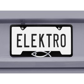 Elektroplate – Chrome Christian Fish Ichthys with Cross on Black All-Metal Open Corners Premium 3D License Plate Frame Tag Holder for Cars/SUVs/Trucks Weather-Proof Automotive Accessory