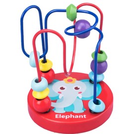 TINYMINYTOT Wooden Colorful Bead Maze Activity Toy, Educational Circle Coaster, Red and Elephant Design, Toddler Learning Toy, Sorting & Stacking Toys (Red)