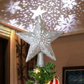 Joiedomi Christmas Star Tree Topper with Projector Lights for Xmas Tree Decorations, Holiday Party Indoor Decor (Silver)