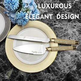 Juego de cuchillo y servidor para tarta de boda ROXBURGH, cortador de pastel de oro de acero inoxidable 420 y servidor para tarta con estriados, juego de corte con tachuelas de strass para boda