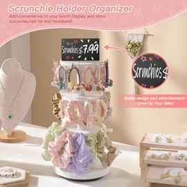 Pinzoveco Scrunchie Holder, 3 Tier Hair Accessories Organizer, Rotating Hair Tie Organizer with 38 Hooks Storage Display Scrunchie Organizer for Women and Girls, White and Gold