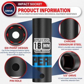 Aiourx 1/2" Drive Impact Socket, 18 mm Deep Socket, Metric, 6 Point, CR-V, for Car Repair, Loosen The Fastening Nut