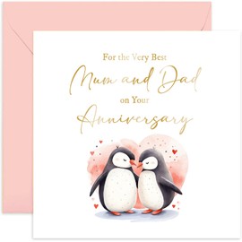 Old English Co. Mum and Dad Anniversary Card - Cute Wedding Anniversary Card for Parents - Traditional Love Romantic Penguins Design for Them | Blank Inside