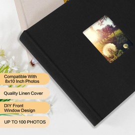 Photo Album 10x8 100 Photos with Writing Space, 10x8 Photo Album Linen Cover with Front Window, 10x8 Picture Album, 100 Photos 10x8 Photo Album Book for Wedding Family Baby Pictures (Black)