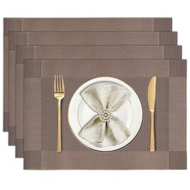 Placemats Set of 4, Vinyl Woven Place Mats, Non-Slip Double-Sided Wipeable Table Mats for Kitchen Dining Restaurant Camping, 12 x 18 Inch, Dark Brown
