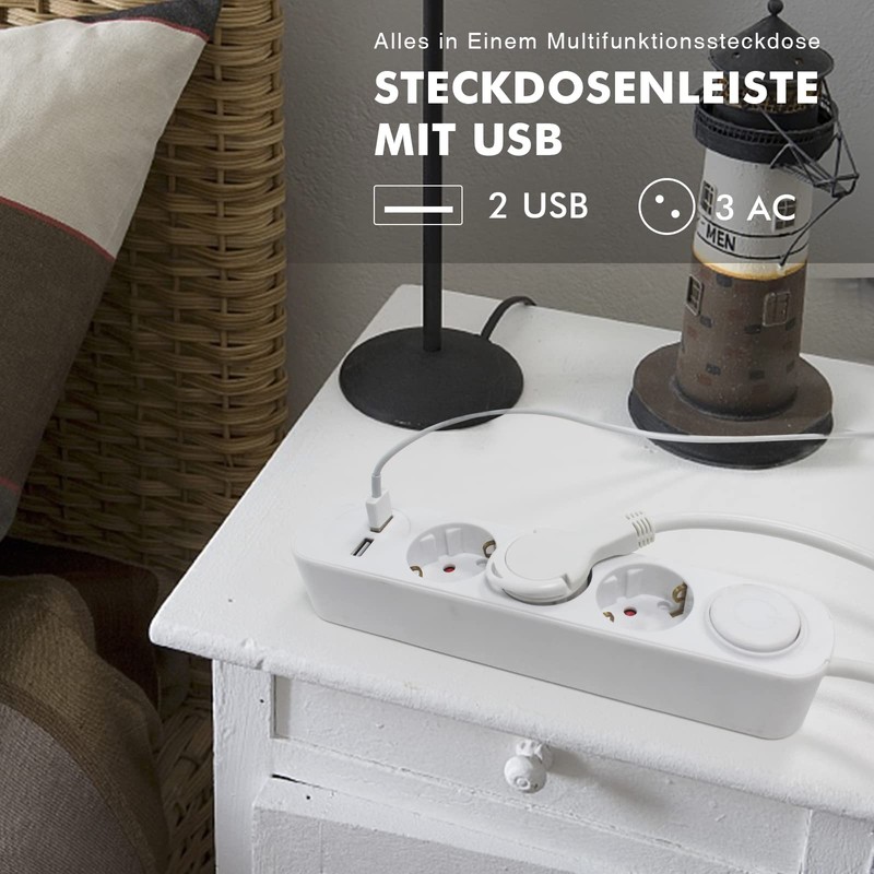 Mehrfachsteckdose mit USB, Realmade 3 Fach Steckdose, Verlängerungskabel Weiß 1,5m