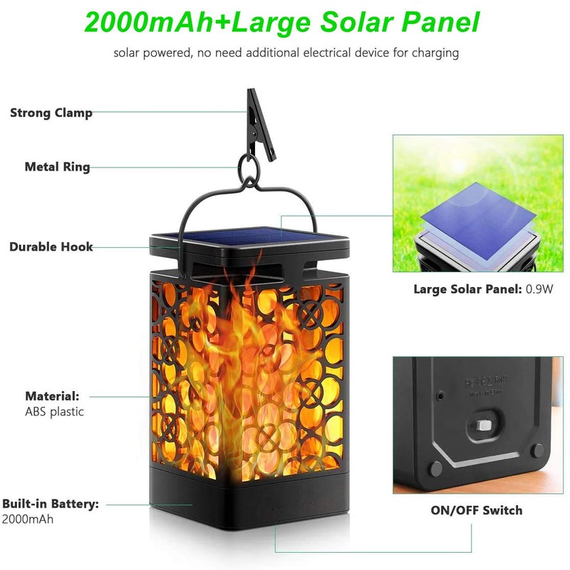Solar Lantern, Metal, Flame, Solar Light, Waterproof, Outdoor, Hanging LED