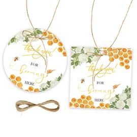 50pcs Bee Thank You Tags, Bee Gift Tag with String for Baby Shower Party, Round Thank You Paper Tags for Bee Themed 1st Birthday/Engagement/Honey Bridal Shower Party Favors