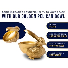 Golden Pelican Decorative Bowl – Intriguing Pelican Sculpture with Open Bowl Design for Snacks, Candies, Keys, or Jewelry – Decorative Holder with Elegant Golden Finish – Ornamental Accent Piece