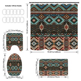 ALIEYE Bohemian Aztec 4 - Piece Bathroom Set - Shower Curtain, Non - Slip Rugs, Toilet Lid Cover, Tribal Geometric Pattern, Machine Washable (with 12 Hooks)