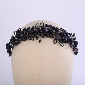 Teyglen Bridal Pearl Headband Vintage Black Beads Wedding Headband Tiara Handmade Bridal Headpiece Hair Accessories for Women Wedding Birthday Party (Black)
