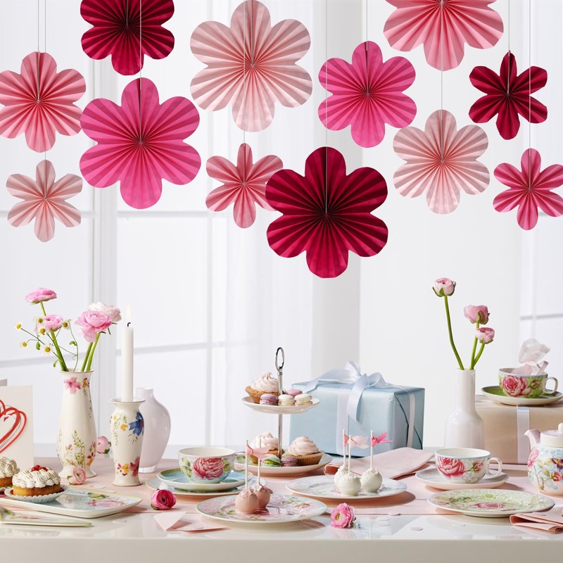 BestoFun Set of 12 Paper Flower Fans Pink Paper Flowers