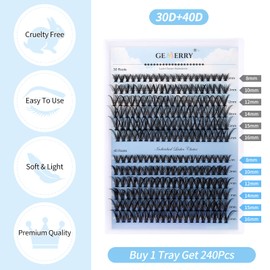 Eyelashes, Single DIY Cluster Eyelashes, 10D, 20D, 30D, 40D, 0.07 D Curl, Individual Eyelash Extensions, Volume Eyelashes at Home Gemerry Eyelashes (8-16 Mix, 30D+40D-0.07D)