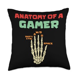PC Gaming Apparel Funny WASD Keyboard Gaming Gifts Anatomy of A Gamer Skeleton Hand Funny Computer Gaming Boys Throw Pillow, 18x18, Multicolor