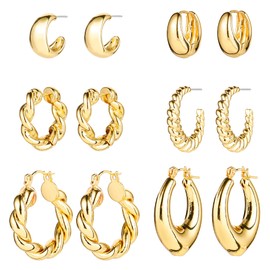 Golden Chunky Hoop Earrings Set for Women, Golden Plated Twisted Huggie Hoop Earring Hypoallergenic, Thick Open Hoops Set Lightweight