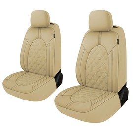 CAROMOP Luxury PU Leather Car Seat Covers Front Set, Anti-Stain Waterproof Automotive Seat Covers for Cars, Universal Car Interior Covers Seat Protectors for SUVs Pick-up Trucks (Beige/Beige Line)