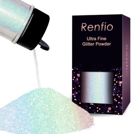 Renfio Iridescent Ultra Fine Glitter Powder Resin Supplies Glitters 1.94 Oz (55g) PET Flake Crafts Sequins 1/128" 0.008" 0.2mm Epoxy Chips Flakes for Tumbler Slime Olympic Decorations - Colorful White