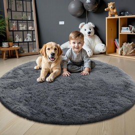 OLANLY Grey Round Rugs for Bedroom - Machine Washable, 8 ft Circle Area Rugs for Living Room, Soft and Fluffy Shaggy Carpet for Teen Girls and Boys, Nursery Rooms, Dorms, Home Decor Aesthetic