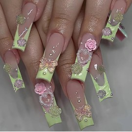 MERVF Long Square Press on Nails Green French Tip Fake Nails Press ons Full Cover Flower Bow Charms Acrylic Nails with Design Squoval False Nails Glossy 24pcs