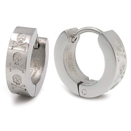 Stainless Steel Etched Cross Bone Skulls Silver Color Men Hoop Huggie Earrings, Stainless Steel