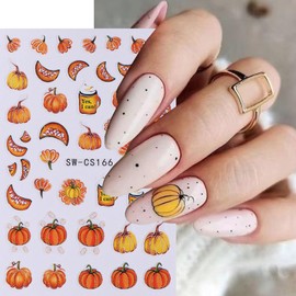 Fall Nail Art Stickers Decals Autumn Pumpkin Nail Decals 8PCS 3D Self-Adhesive Fall Leaf Floral Pumpkin Design Manicure Sliders Nail Art Supplies Fall Sticker for Women Girls DIY Nail Art Decorations