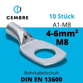 Cembre A1-M8 Tube Cable Lug 4-6 mm² M8 Uninsulated Tin-Plated Copper Pack of 10