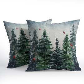 Green Tree Throw Pillow Covers Winter Snowy Forest Pillowcase 16x16 inch 2 PCS Nature Landscape Red Bird Decorative Cushion Cover for Home Patio Sofa Bedroom