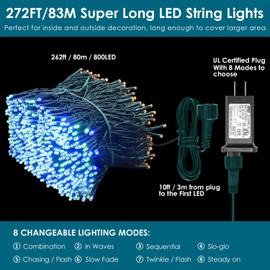 XUNXMAS 800 LED Christmas String Lights Indoor Outdoor 272ft Super Long Colourful Christmas Tree Lights, 8 Lighting Modes UL Certified Waterproof Fairy Lights for Christmas Patio Party Decor