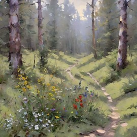 ACEO Art Card forest in the spring with wild flowers blooming