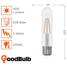 5 Watt Nostalgic Short Tube Light Bulbs | 40W Equivalent LED Medium E26 Base 2700K Warm White T9 | 400 Lumens 15000 Average Lifespan | 10 Pack by GoodBulb