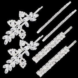 6PCS Rhinestone Hair Clips for Women, Flower Rhinestone Hair Clip, Wedding Elegant Rhinestone Barrettes for Women, Crystal Leaf Hair Accessories (Silver)