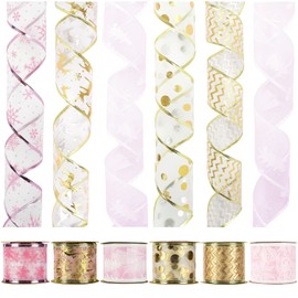 HUIHUANG Pink & Gold Christmas Ribbons for Xmas Tree Decoration - Wired Ribbon, Wreaths, Tree Top Bows, Garland (36 Yds Total)