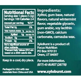XyloBurst 100% Xylitol, Natural Chewing Gum 100 Count Jar Non GMO, Vegan, Aspartame Free, Sugar Free (Wintergreen, 1 Jar)