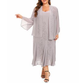 Plus Size Jacket Dress Suits 2 Piece Chiffon Sets Delicate Rhinestone Pattern Mother of Bride Dresses for Wedding