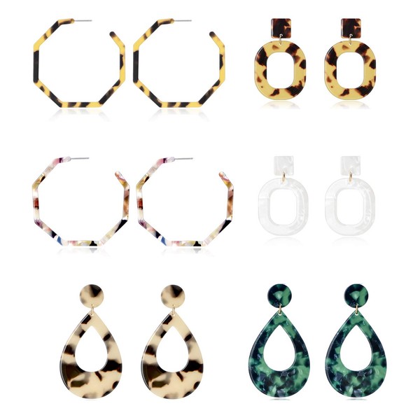 Tornito 6-10 Pairs Mottled Hoop Earrings Acrylic Resin Drop Dangle
