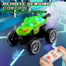 DELEE Remote Control Car Dinosaur RC Toy Cars with LED Eyes Music Sound Mini Stunt Car Toys Birthday Gifts for Kids Age 3 4 5 6 7 Years Old Toddlers Boys Girls (Green)