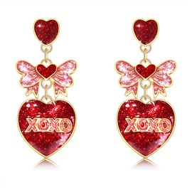 Sweet Heart Drop Dangle Earrings for Women Valentines Day Earrings Glittering Butterfly Earrings (Red)