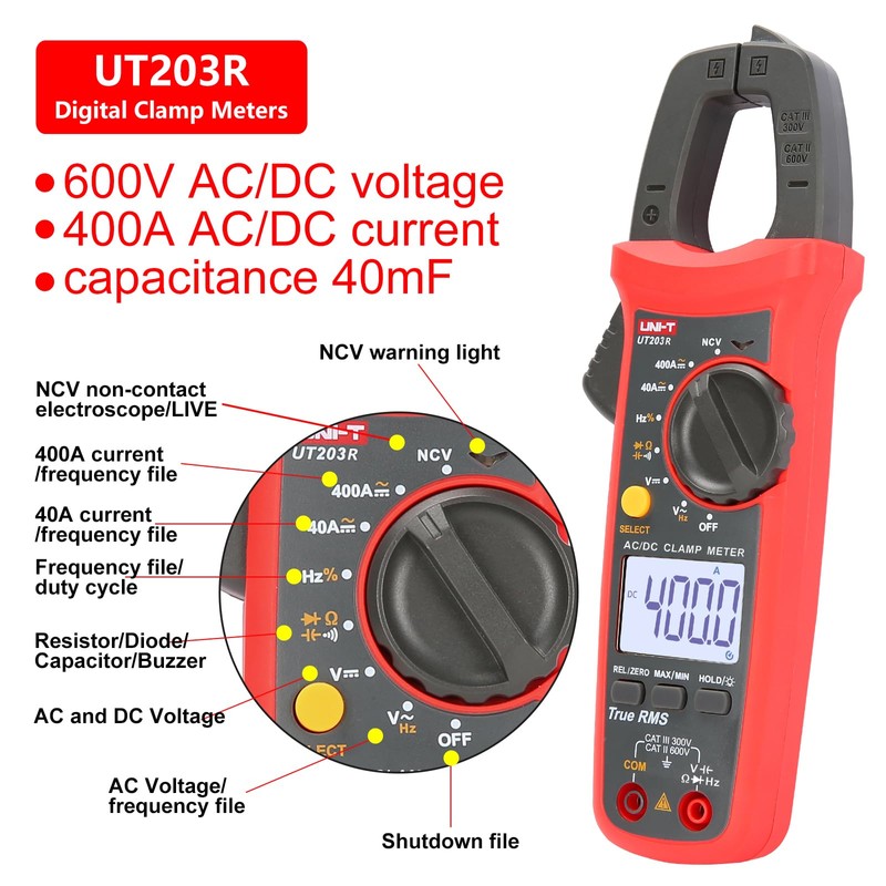UNI-T UT203R Digital Clamp Meter AC/DC Current Auto Range True