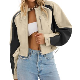 Tankaneo Womens Faux Leather Bomber Jackets Cropped Zip Up Color Block Fall Casual Moto Biker Coats