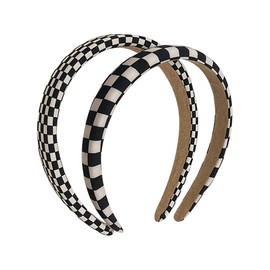 2 Pieces Checkered Flag Headband Black and White Plaid Hair Band Thick Padded Headband Sponge Puffy Headbands Buffalo Check Headband Christmas Party Hair Accessories