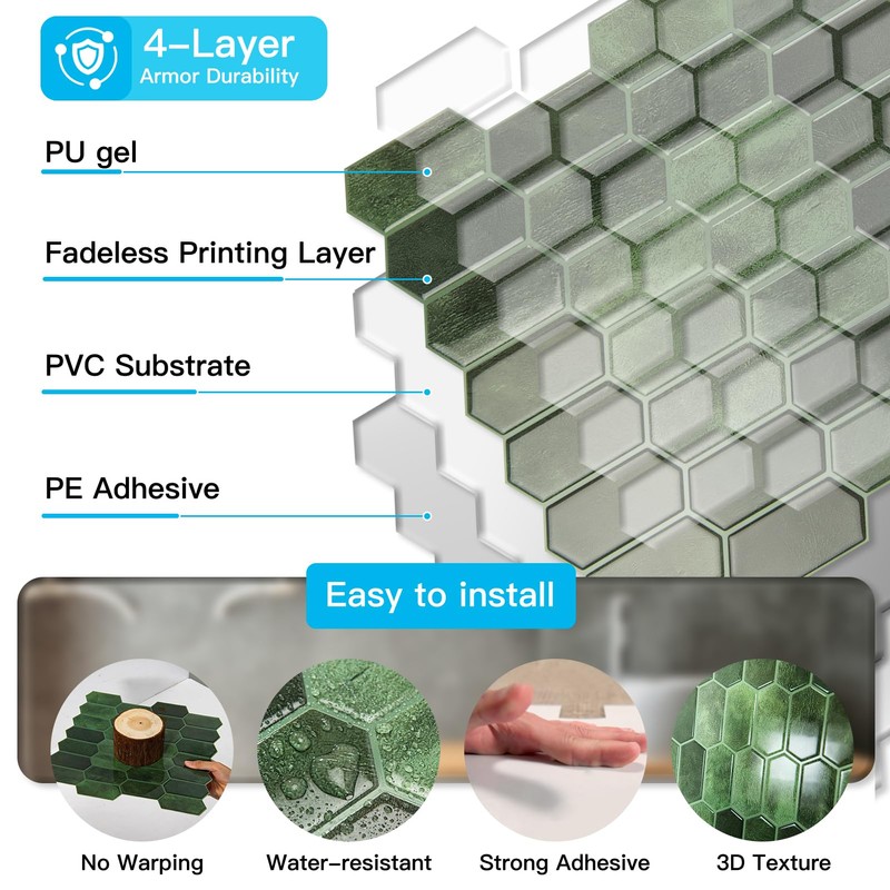 Art3d 10-Sheet Heavy-Duty Peel and Stick Backsplash, Self-Adhesive Vinyl Wall