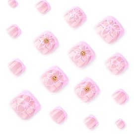 Pink French Tips Press on Toe Nails Short Square Stick on Toenails with Flower Charm Design Glossy Skin Tones Fake Toenails Summer False Toenails Full Cover Toenails for Women Girls Manicure 24Pcs