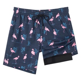 SURF CUZ Mens Swim Trunks with Compression Liner Quick Dry Swim Shorts 7" Swimming Trunks Stretch Bathing Suit Zipper Pockets,Flamingo-Black,L