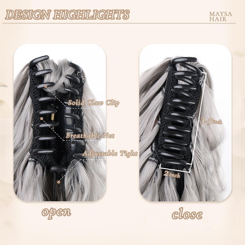 MAYSA Claw clip in Ponytail Extensions Grey Wavy Ponytail Hair